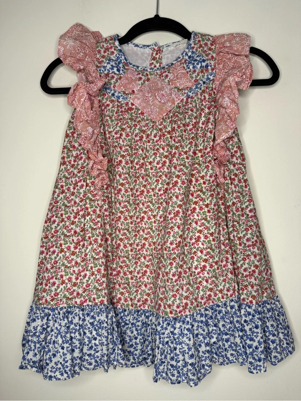 LOUISE MISHA Jyoti Multicolor Patchwork Boho Ruffle Flowy Cotton Dress